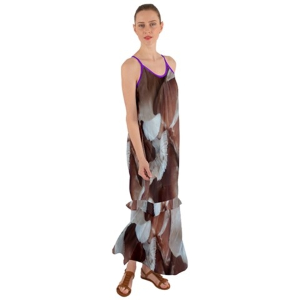 Brown and White Feather Print Maxi Dress